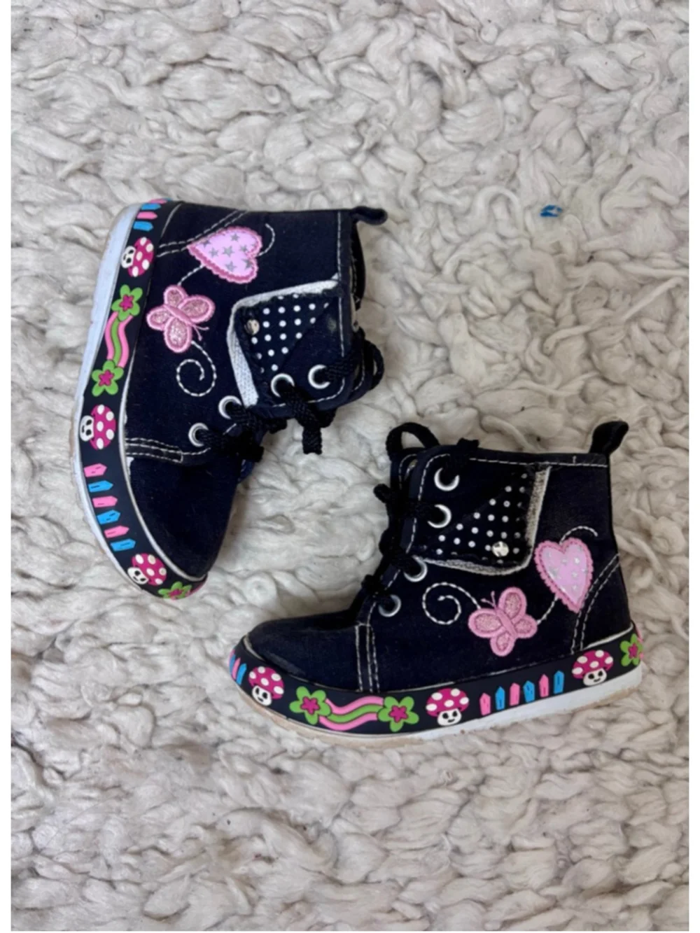 Baby Little Berry Black Pink Butterfly Mushroom High Top Shoes Size 5 Zip